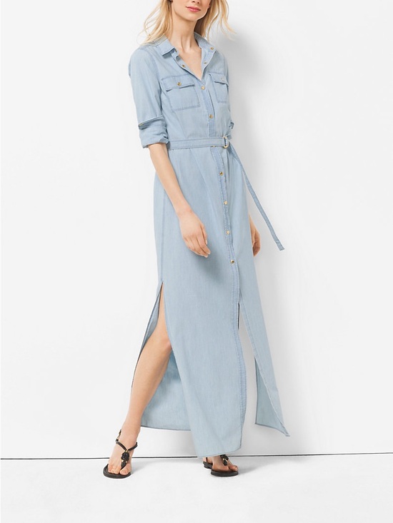 MICHAEL Michael Kors Dresses & Skirts - MICHAEL Michael Kors Light Blue Chambray Maxi Shirt Dress with Belted Waist